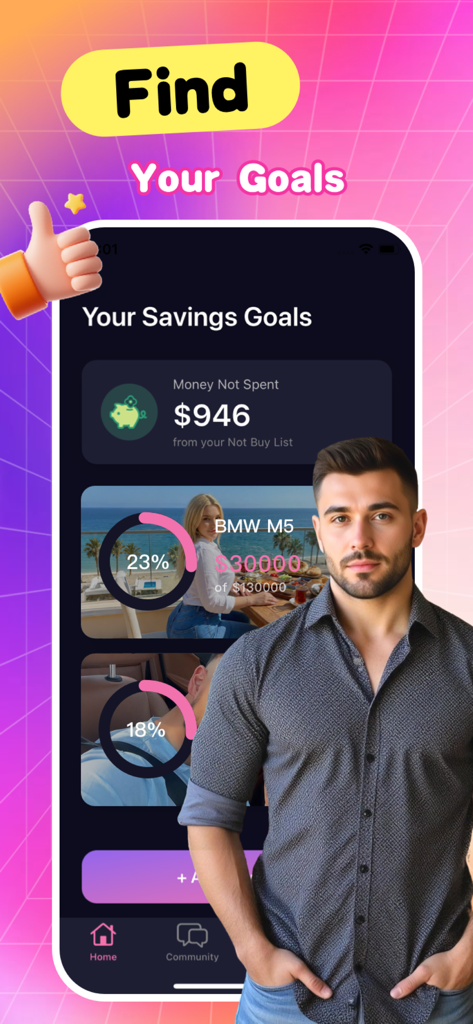Lyra - Social - Lyra app dashboard showing savings goals and visual progress tracking for a car purchase.