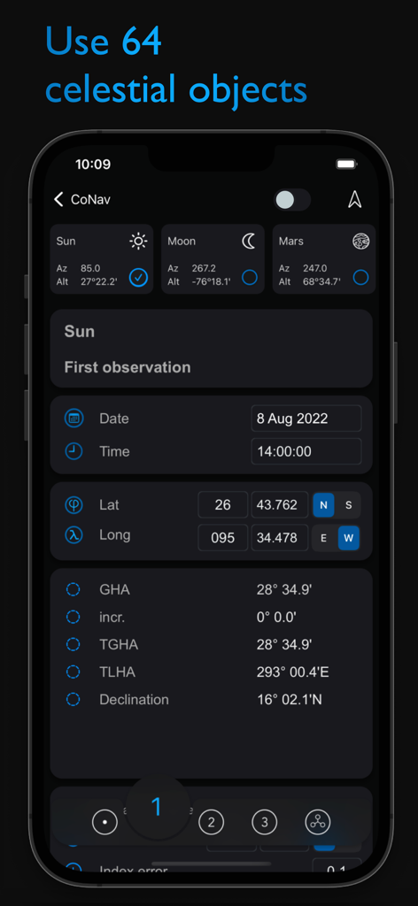 CoNav - Interfaccia dell'app CoNav che visualizza dati di navigazione celeste per il sole, inclusi latitudine, longitudine e declinazione