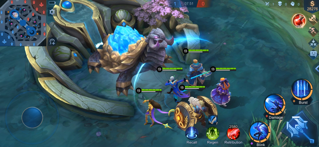 Gameplay screenshot of heroes attacking a turtle boss in Mobile Legends Bang Bang