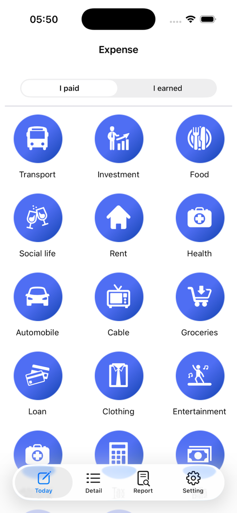Easy Money ! - Interfaz de la aplicación Easy Money mostrando grandes íconos azules para categorías de registro manual de gastos como transporte y comida