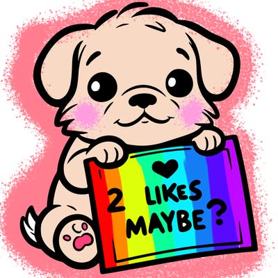 a puppy holding a sign that says 2 likes maybe?