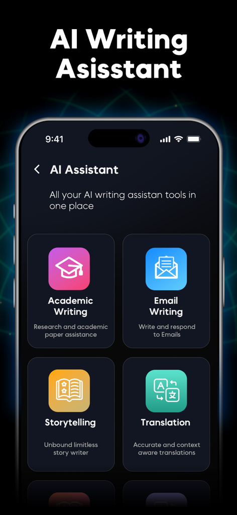 Interface of ChatPrime app showing various AI writing tools including academic writing, email writing, storytelling, and translation