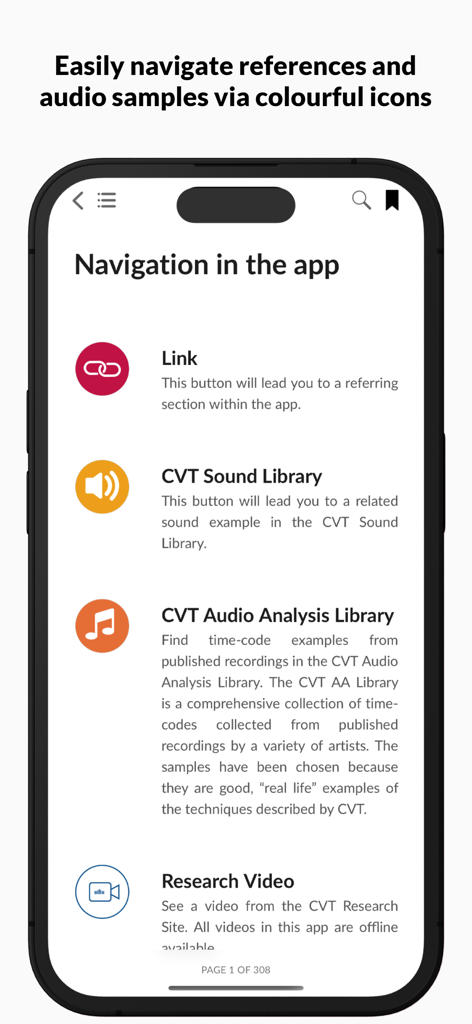 Complete Vocal Technique - Écran de navigation de l'application Complete Vocal Technique montrant des icônes pour les bibliothèques sonores et les vidéos de recherche