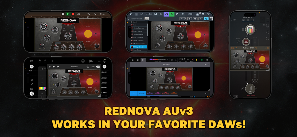 Múltiples capturas de pantalla que muestran el Compresor Espacial RedNova como un plugin AUv3 dentro de varias estaciones de trabajo de audio digital móviles.