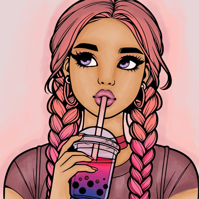 realistic girl with braided hair drinking boba