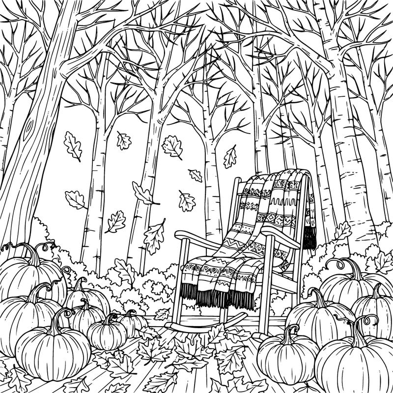 a cozy autumn porch with pumpkins, blankets, rocking chair, falling leaves, highly detailed line art.  there are trees