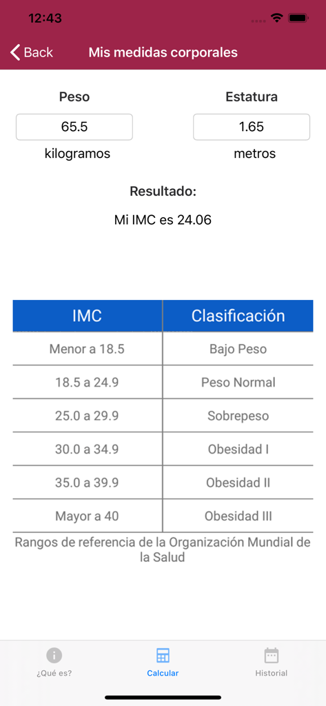 Mi ISSSTECALI - BMI calculator screen in the Mi ISSSTECALI app showing body weight and height inputs with a results table and classification levels