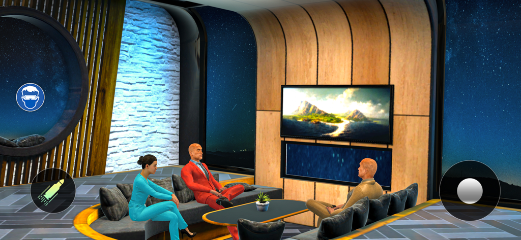 Characters interacting in a luxury modern room at night in the Virtual Rich Dad Security Game.
