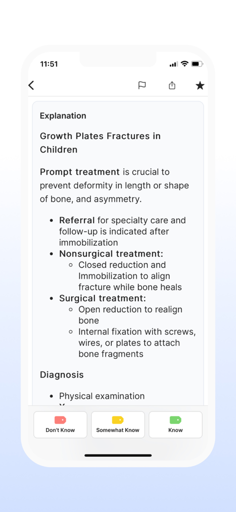 FNP Exam Mastery | Prep 2026 - A detailed medical explanation of growth plate fractures in children within the FNP Exam Mastery app including study tracking buttons.