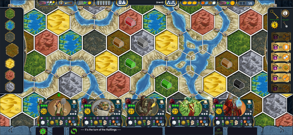 Terra Mystica digital board game gameplay showing the hexagonal map and faction resources