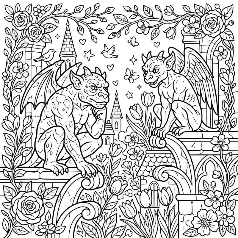 Discover a captivating scene where ancient guardians meet the beauty of renewal. This intricate coloring page features two majestic gargoyles observing a vibrant spring landscape, ready for your creative touch.