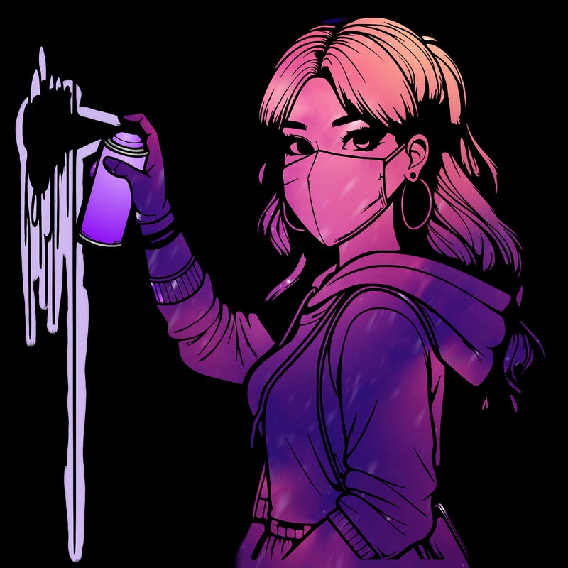 realistic girl with mask spray painting a wall