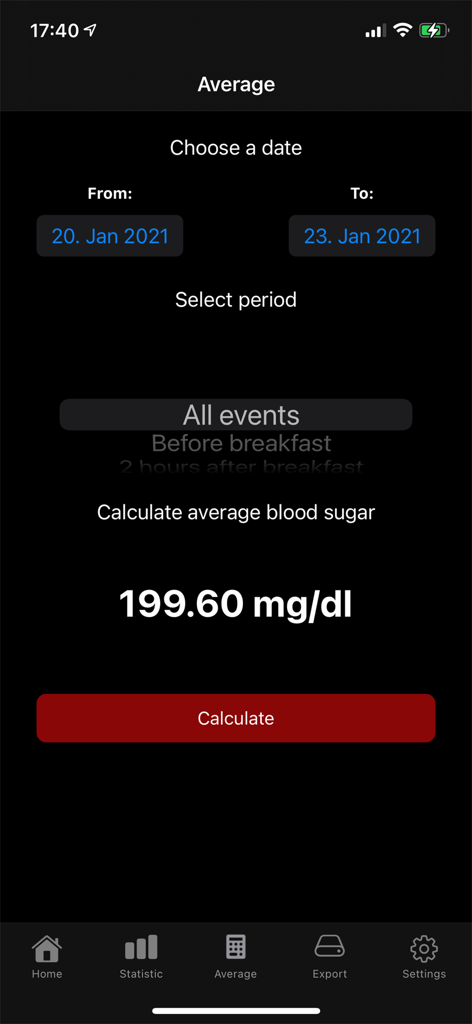 Average blood sugar calculation screen showing glucose levels in mg per dl