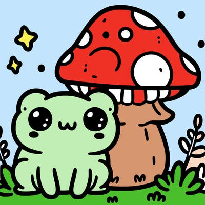 kawaii frog next to mushroom