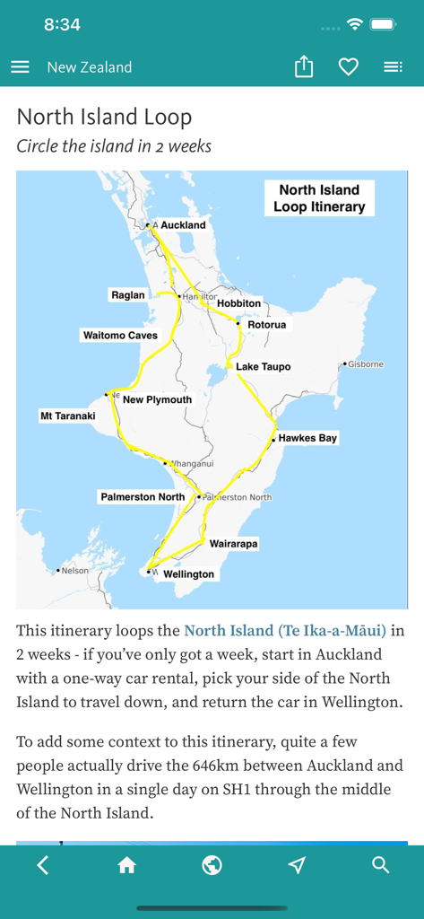 Una pantalla de teléfono inteligente que muestra un mapa de itinerario de viaje de dos semanas de la Isla Norte de Nueva Zelanda.