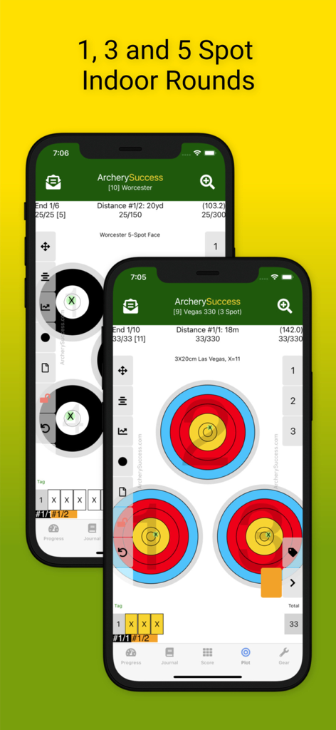 ArcherySuccess - Score & Plot - Aplicativo ArcherySuccess exibindo mapeamento de flechas para rodadas indoor de 1, 3 e 5 alvos