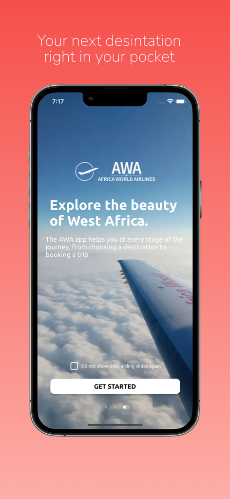 Africa World Airlines mobile app welcome screen showing an airplane wing above the clouds with a get started button