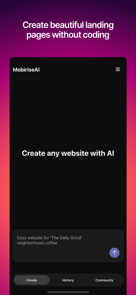 AI Website Builder: Mobirise - Interface of the Mobirise AI app showing a text prompt to create a website without coding