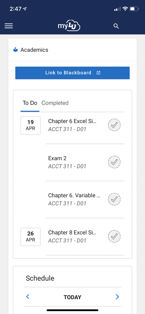 myLU - The Academics section of the myLU app featuring a student to-do list and academic schedule