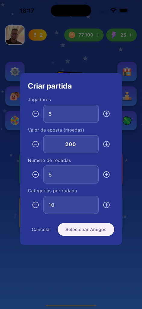 Screen showing the create match popup in Adedonha Online with settings for players, bet amount, and number of rounds.