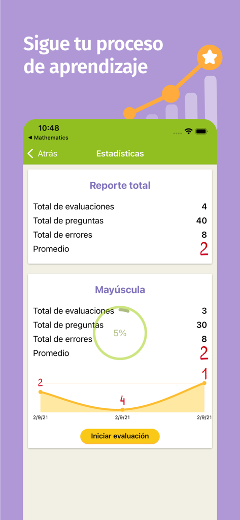 Panel de control de la aplicación Ortografía Española que muestra estadísticas de aprendizaje e informes de progreso para pruebas de ortografía en español.