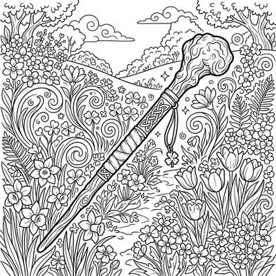 Step into a world where Irish tradition meets the vibrant energy of spring with this delightful coloring page. Featuring a classic shillelagh surrounded by an abundance of fresh blooms and Celtic-inspired foliage, it promises a truly enchanting coloring experience.