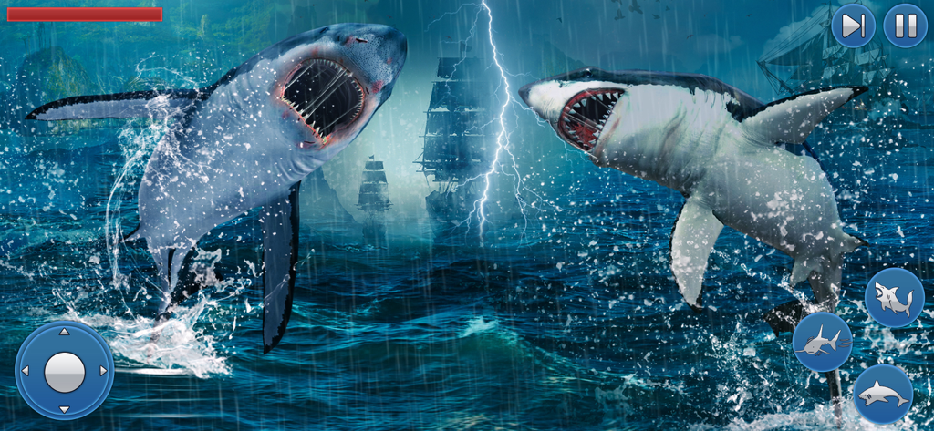 Survival Underwater Shark Game - Two great white sharks leaping out of a stormy ocean with lightning and a pirate ship in an action survival game