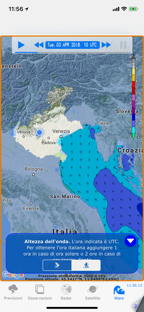 Map display of sea wave heights and directions for the Veneto region