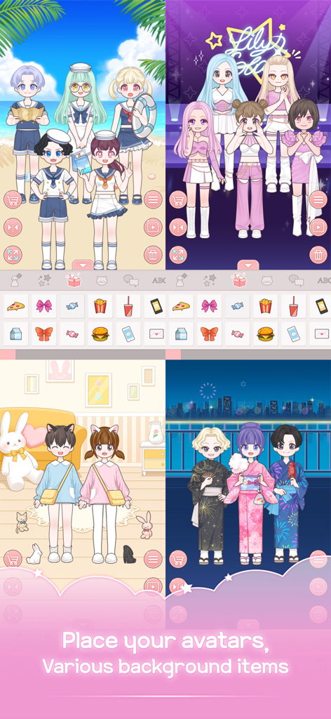 Lily Style - Uma montagem de personagens em estilo anime em diversos cenários como uma praia, palco de show, quarto aconchegante e festival noturno.