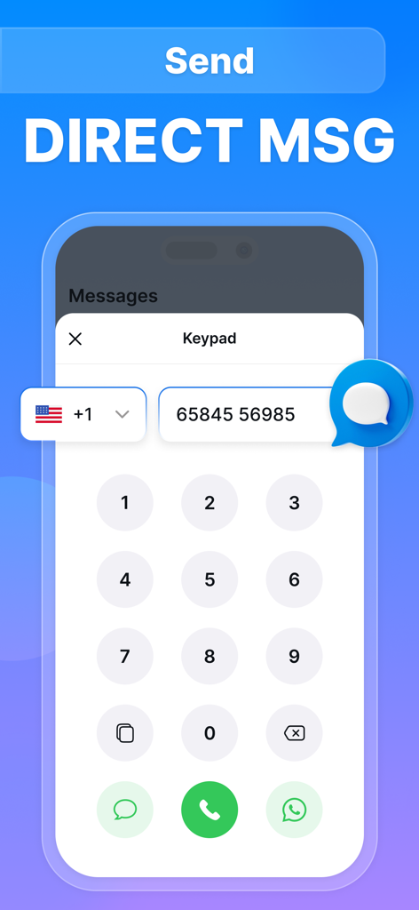 App-Oberfläche, die eine numerische Tastatur zeigt, um eine Direktnachricht an eine Telefonnummer zu senden.