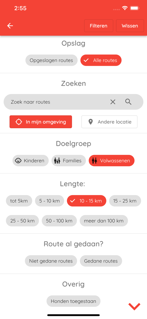 Klompenpaden - The filter menu of the Klompenpaden app for selecting hiking route preferences