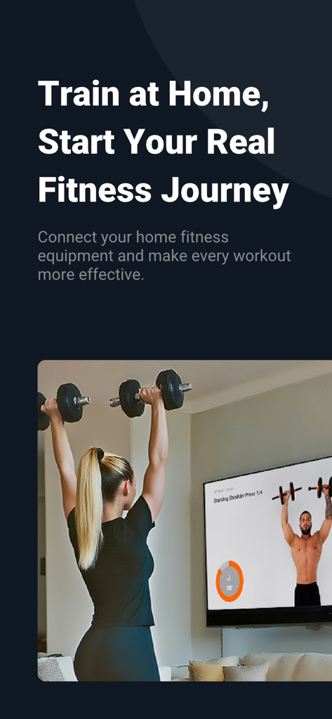 A woman performing dumbbell shoulder presses at home while following a fitness class on a TV screen
