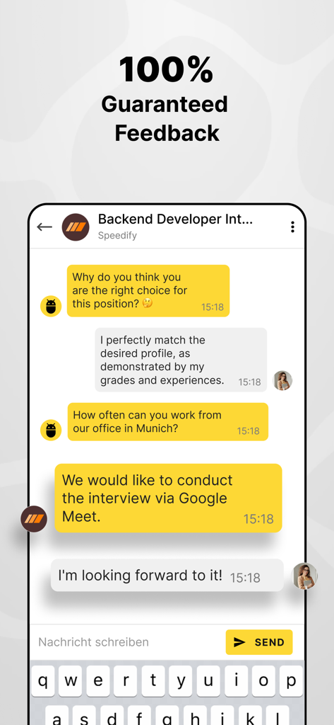 DING Jobs - Student Jobs - Interface de mensagens no aplicativo no DING Jobs mostrando um bate-papo entre um candidato a estudante e um empregador sobre uma vaga de estágio.