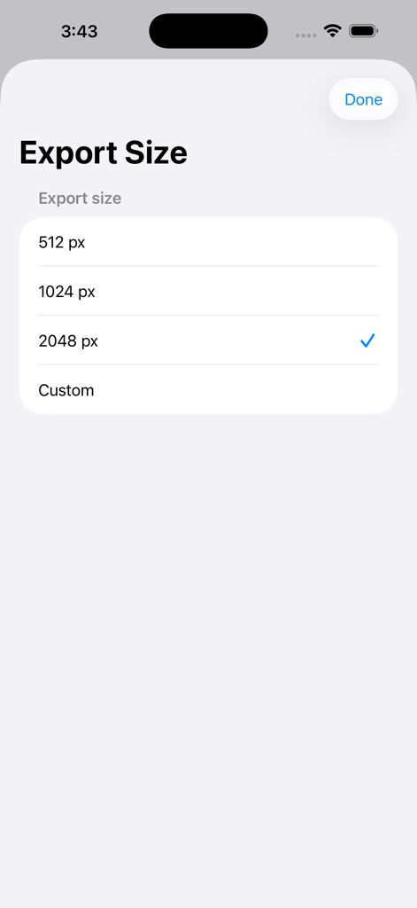 Quicker QR Code Generator - Quicker QRコードジェネレーターアプリのエクスポートサイズ選択メニュー。さまざまなピクセルオプションが表示されています。