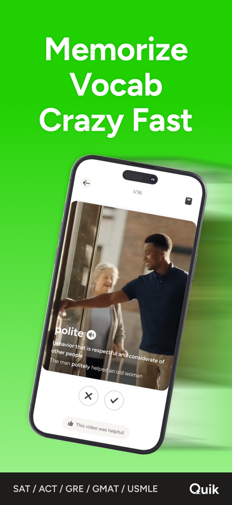 Quik: Magical Vocab Memory - Un smartphone que muestra la interfaz de la aplicación Quik con una mnemotecnia en video para la palabra 'polite' para ayudar a los estudiantes a memorizar vocabulario para los exámenes.