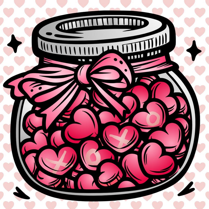 a jar filled with heart-shaped candies and a ribbon around the neck.