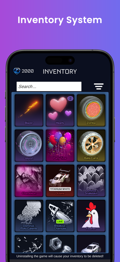 RL Drop Simulator - Inventory screen in RL Drop Simulator displaying various collected rare items like the Titanium White Octane