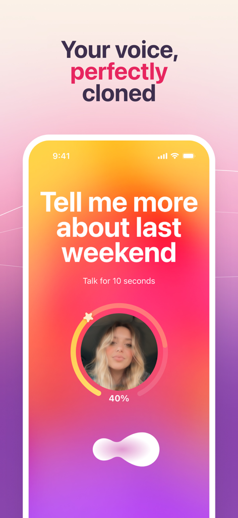AI Twin app interface showing the voice cloning process with a progress bar and user profile