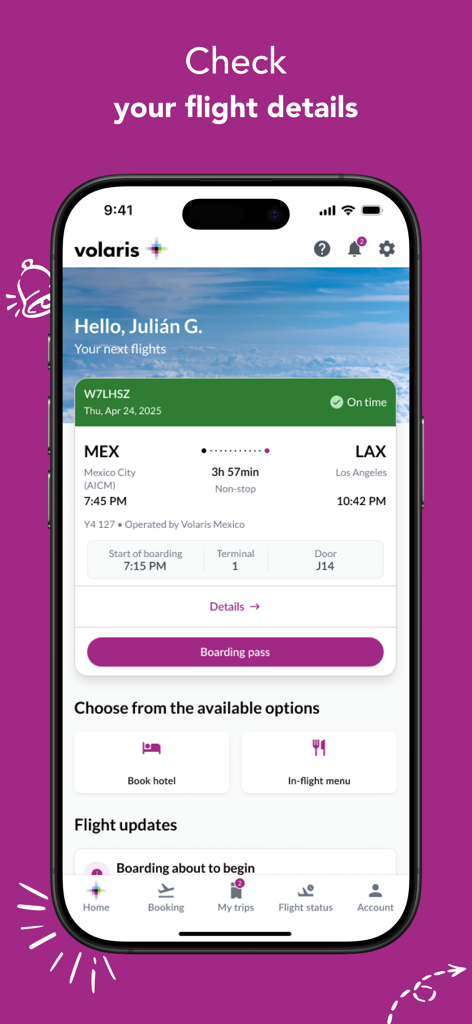 Tela móvel do aplicativo Volaris exibindo detalhes do voo da Cidade do México para Los Angeles, incluindo status e cartão de embarque.