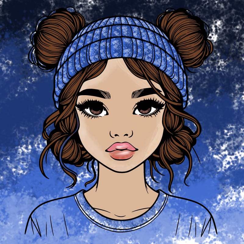 realistic girl with buns in her hair with a beanie on