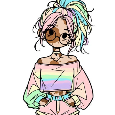 girl with a messy ponytail glasses a baggy crop top and jean shorts