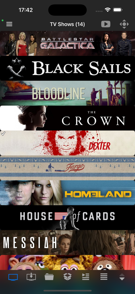 A list of TV show posters and banners within the Official Kodi Remote app library interface