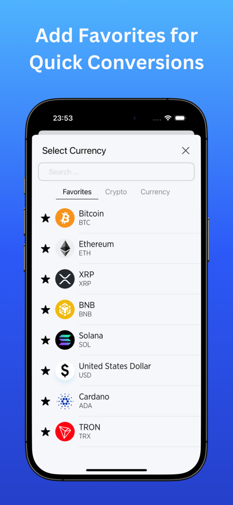 BitConvert - Crypto Calculator - A mobile screen showing the BitConvert app favorites list with Bitcoin Ethereum and Solana selected for quick conversion