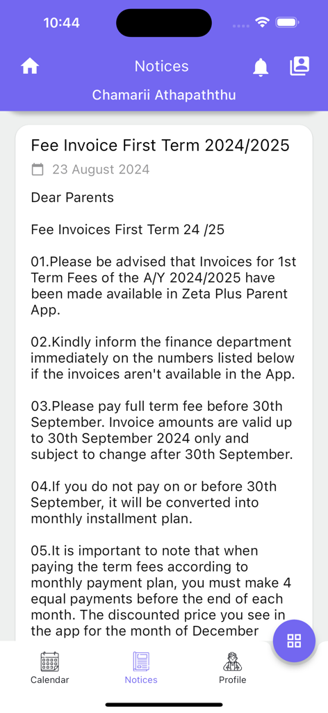 Zeta Plus Parent - Zeta Plus Parentアプリの画面。第1学期の請求書に関する学校からの通知が表示されています。