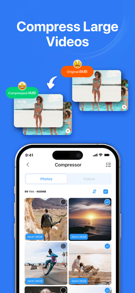 Smart Cleaner app interface showing a tool to compress large video files and save storage space