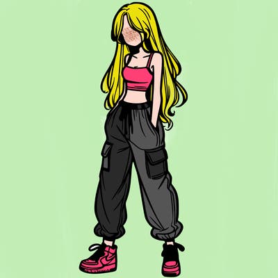 girl in baggy pants crop top and long hair