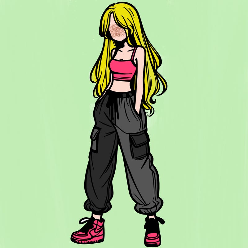 girl in baggy pants crop top and long hair