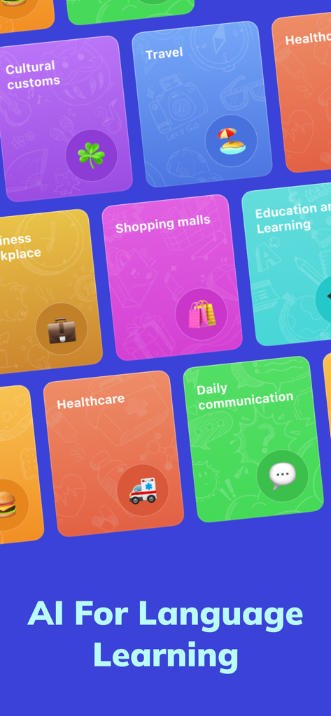 Talkin: Global Friends & Chat - Écran de l'application Talkin montrant diverses catégories de sujets pour l'apprentissage des langues assisté par IA, comme les voyages et les coutumes culturelles.