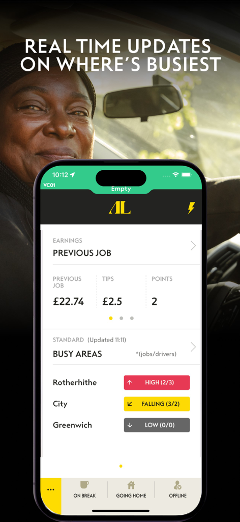 Addison Lee Driver - Smartphone displaying the Addison Lee Driver app interface with sections for earnings, tips, and real-time updates on busy London areas.