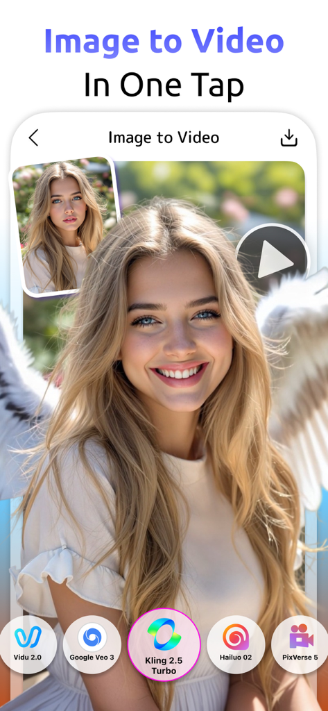YouCam AI Pro mobile App-Oberfläche, die den Bild-zu-Video-Generator mit ausgewähltem Kling 2.5 Turbo-Modell zeigt.